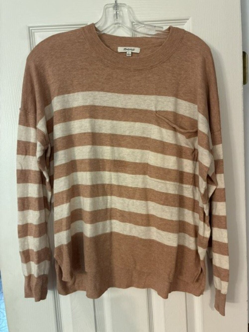 Women's Madewell White Tan Stripe Lightweight Knit Cropped Loose Sweater Size L